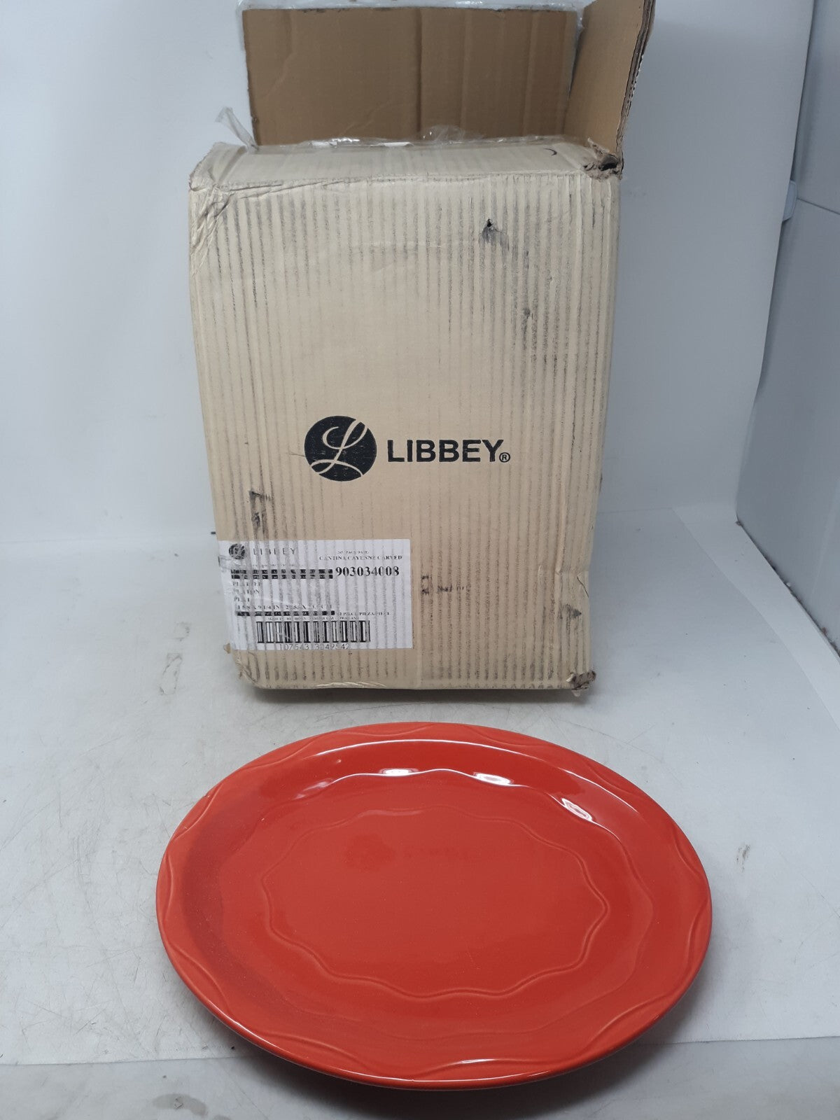 Libbey Cantina Cayenne Carved 10.25" Dinner Plates Set of 12 Red Stoneware 90303