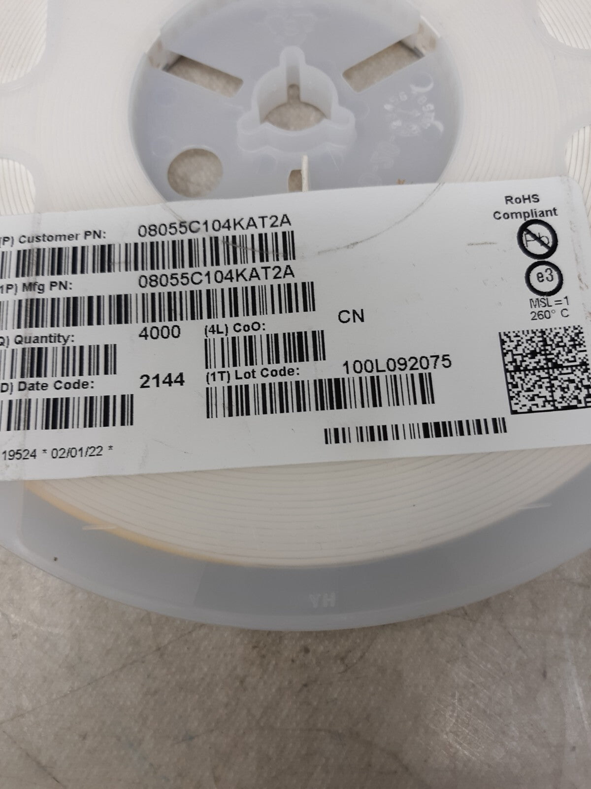 4000 REEL - AVX KYOCERA 08055C104KAT2A Capacitor 0.1UF 50V MLCC Ceramic X7R SMD