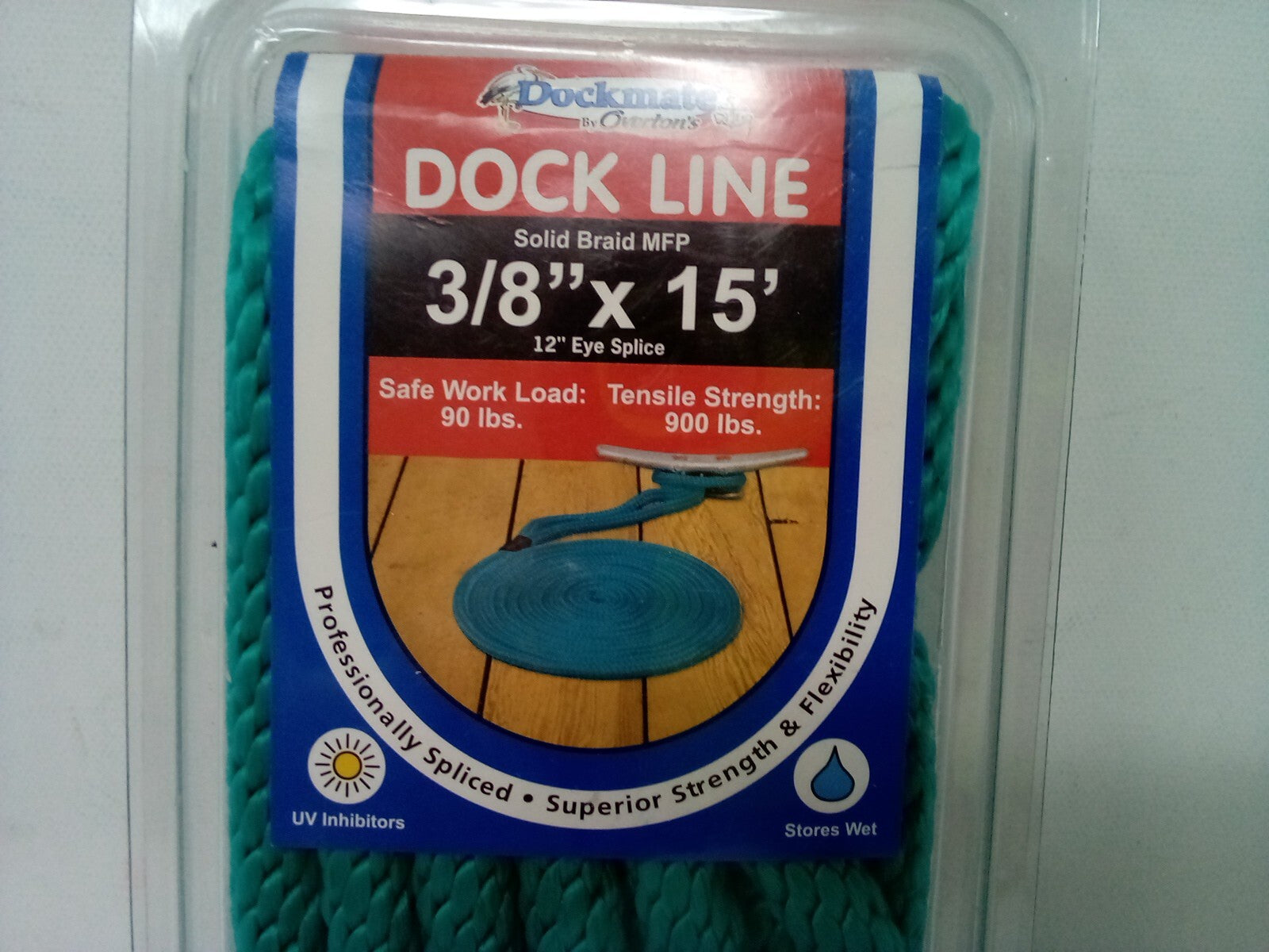Dockmate DOCK LINE  Solid Braid MFP  3/8"x 15' 12" Eye Splice {Teal-308479}