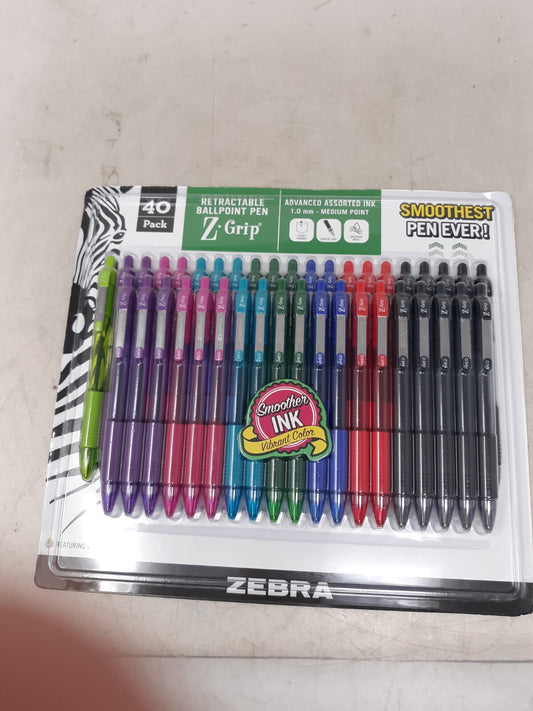 Zebra Z-Grip Retractable Ballpoint Pen Medium Point 40 Pack Assorted Colors 1mm
