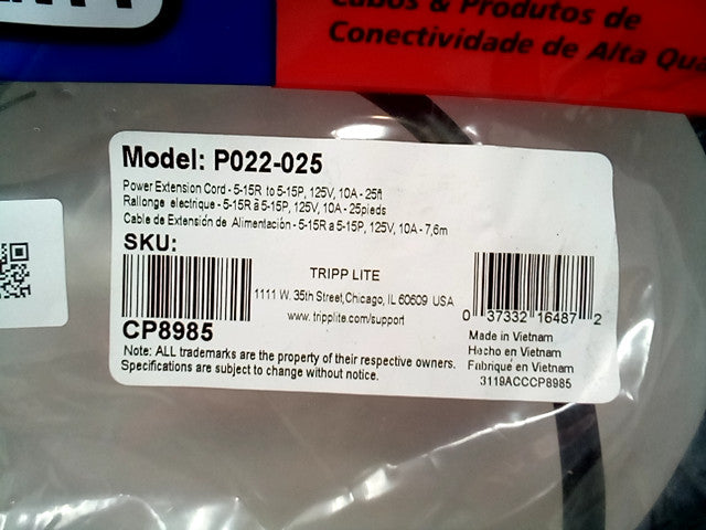 Tripp Lite Model P022-025 25 Ft. Power Extension Cord, NEMA 5-15P to NEMA 5-15R