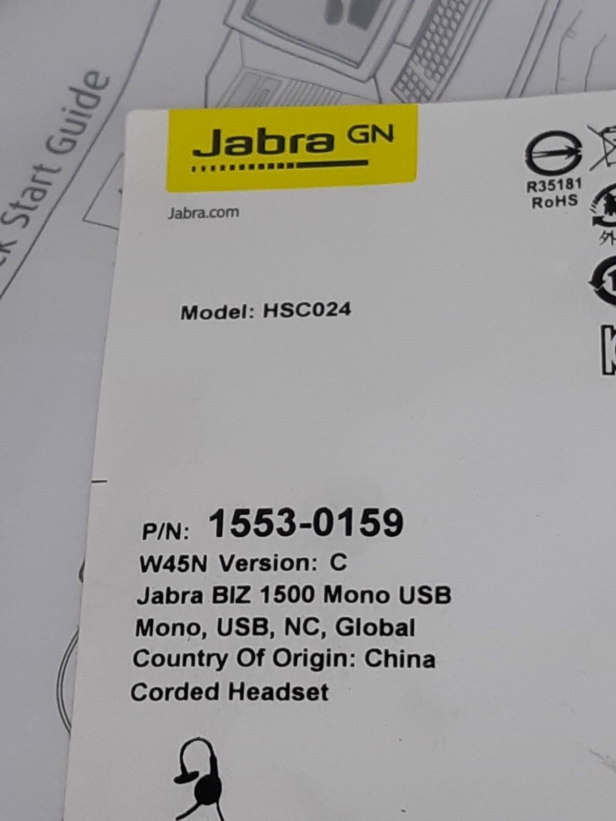 Jabra BIZ 1500 Mono USB Noise-Canceling Corded Headset HSC024