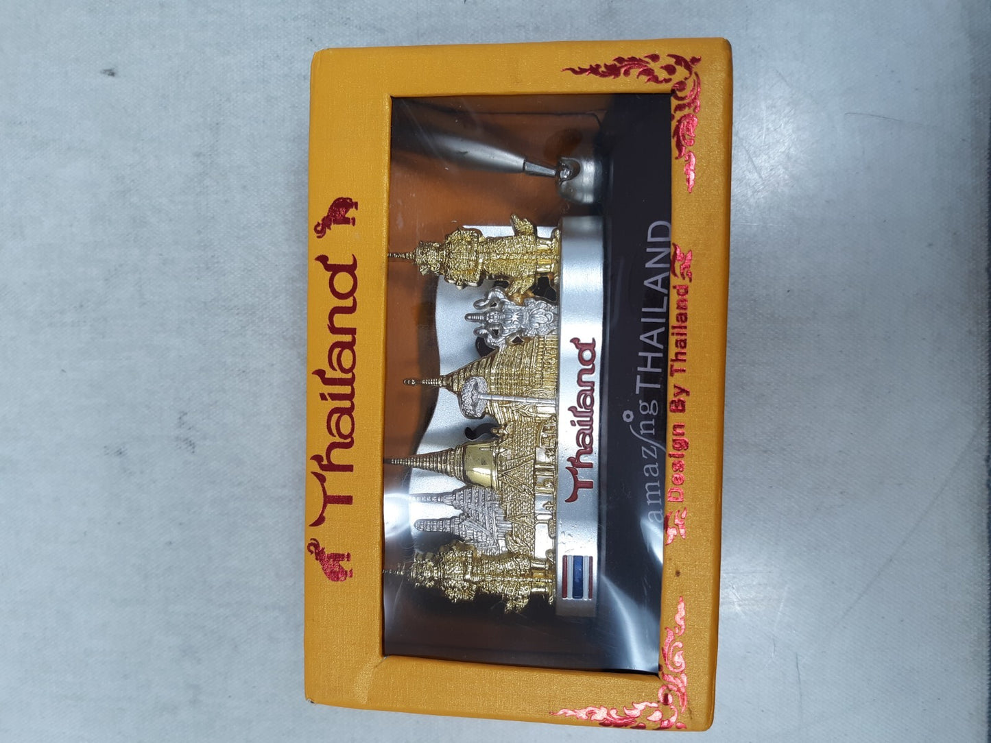 Gold Silver Tone Metal Desktop Business Card Holder THAILAND Cityscape Souvenir