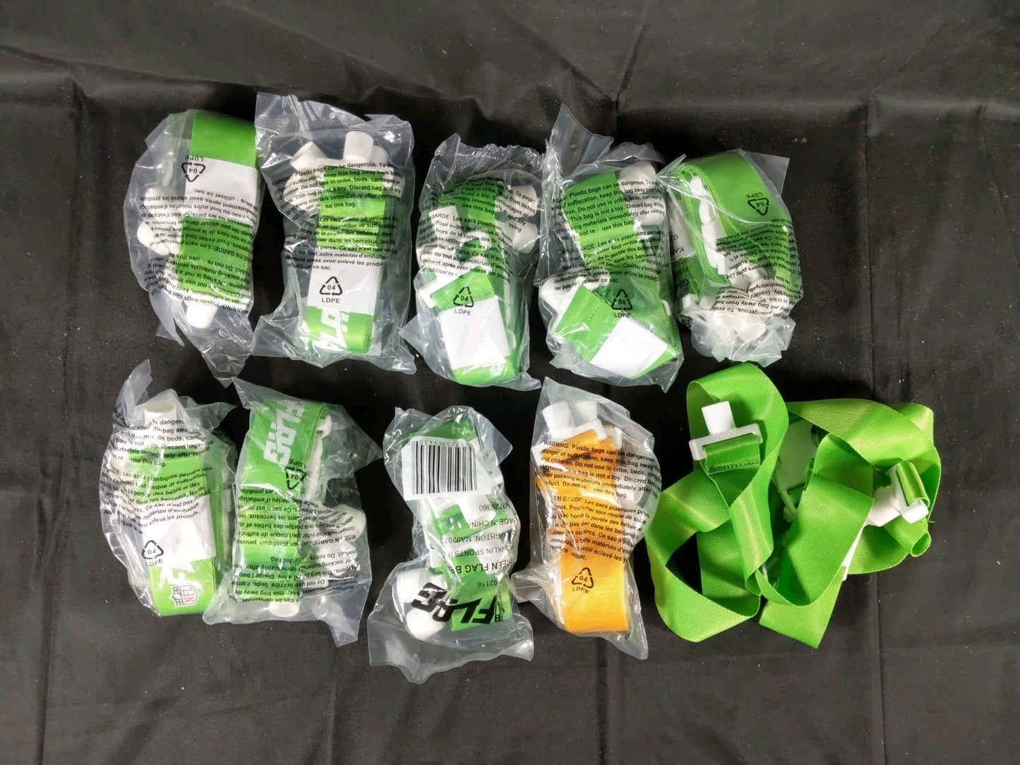 NFL Flag USA Brand Football Flags Pop Belts: Set Of 10 / 1 Yellow 9 Green