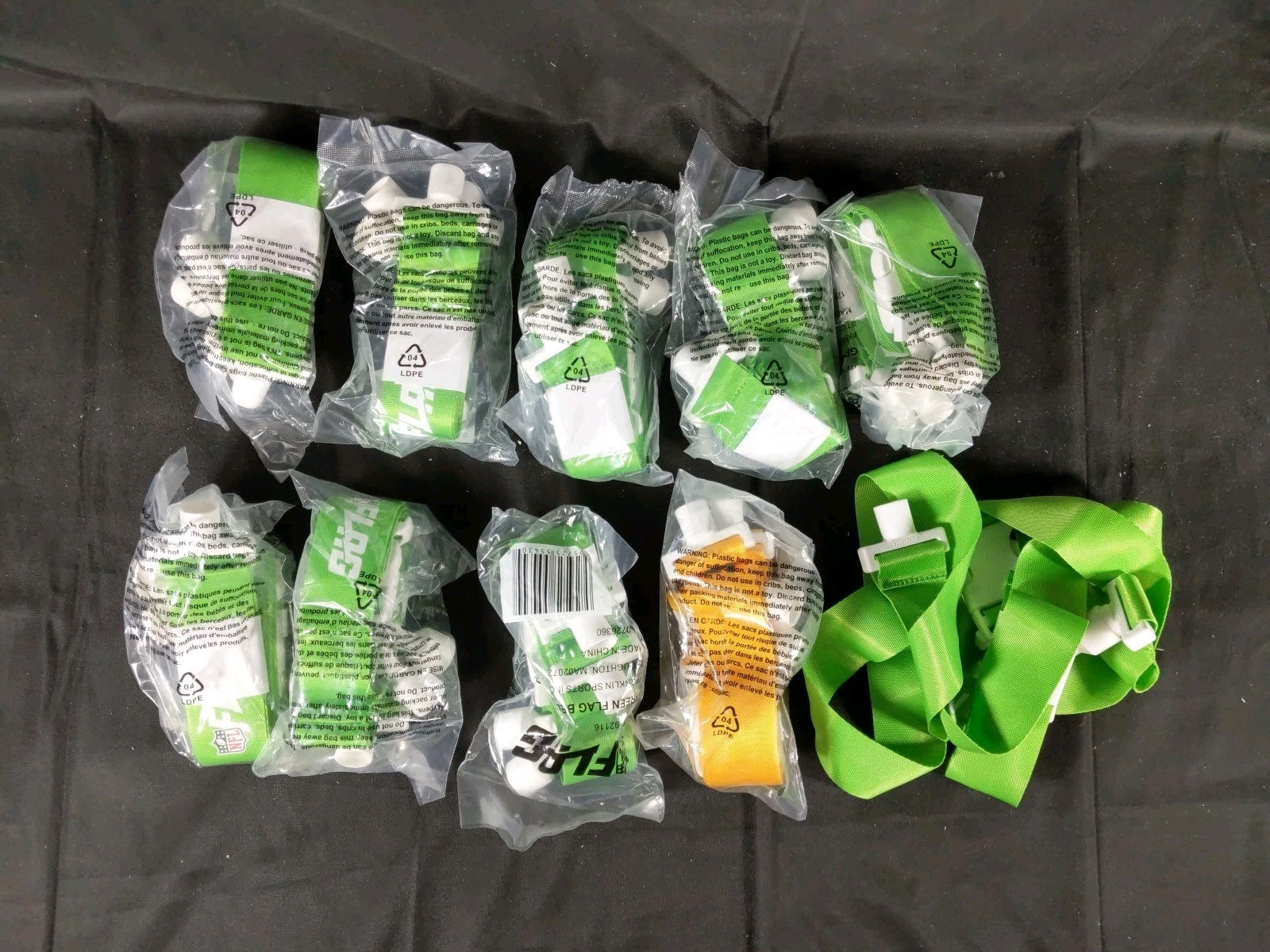 NFL Flag USA Brand Football Flags Pop Belts: Set Of 10 / 1 Yellow 9 Green