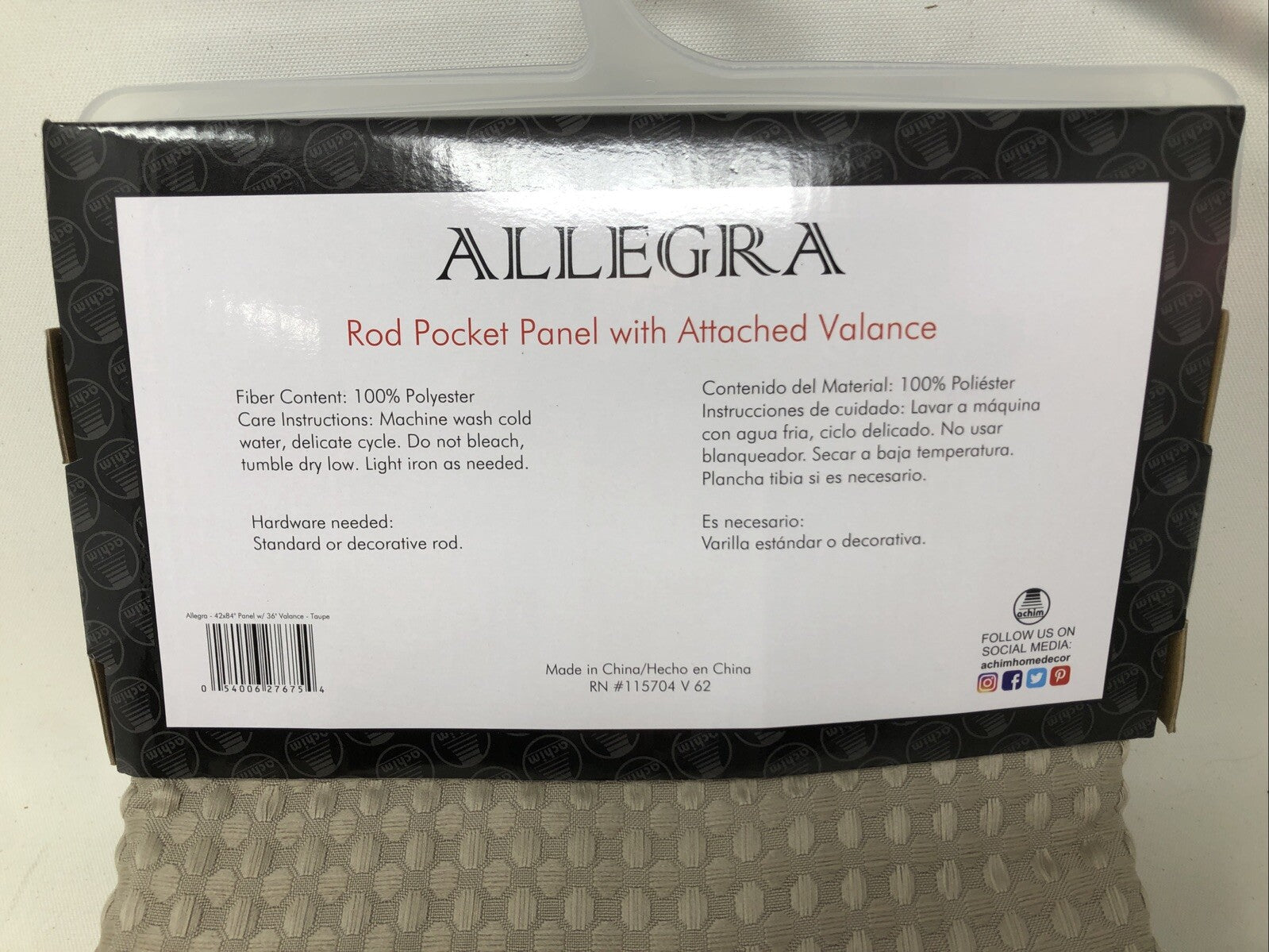 Achim Home Furnishings Rod Pocket Single Panel with Attached Valance All-In-One