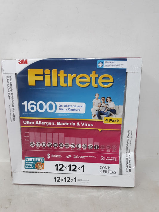 4pk Filtrete 1600 MPR Ultra Allergen Bacteria & Virus Furnace/AC Filter 12x12x1