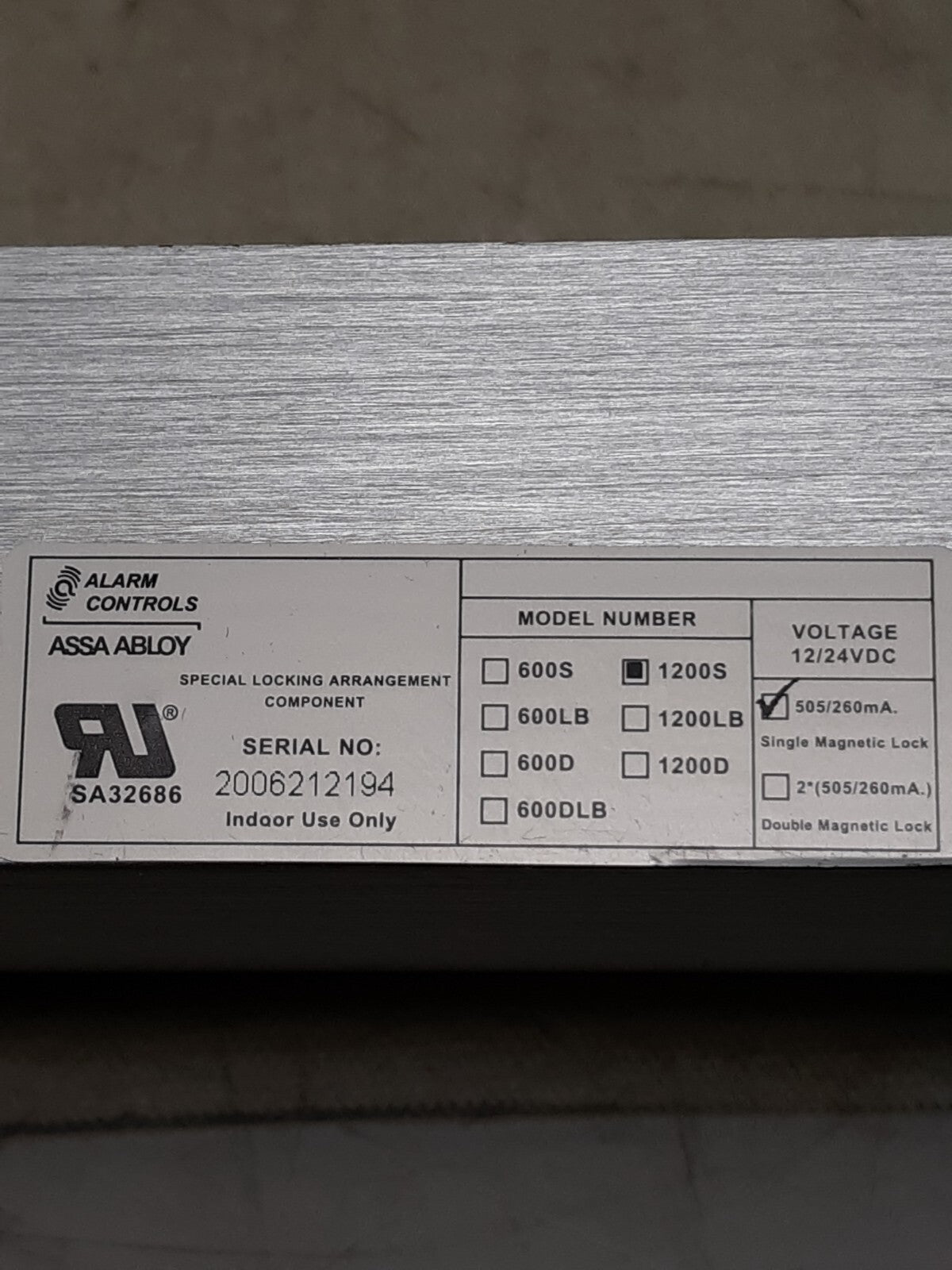 Assa Abloy 1200S Alarm Controls 1200 Lb Single Magnetic Lock W/ Mounts