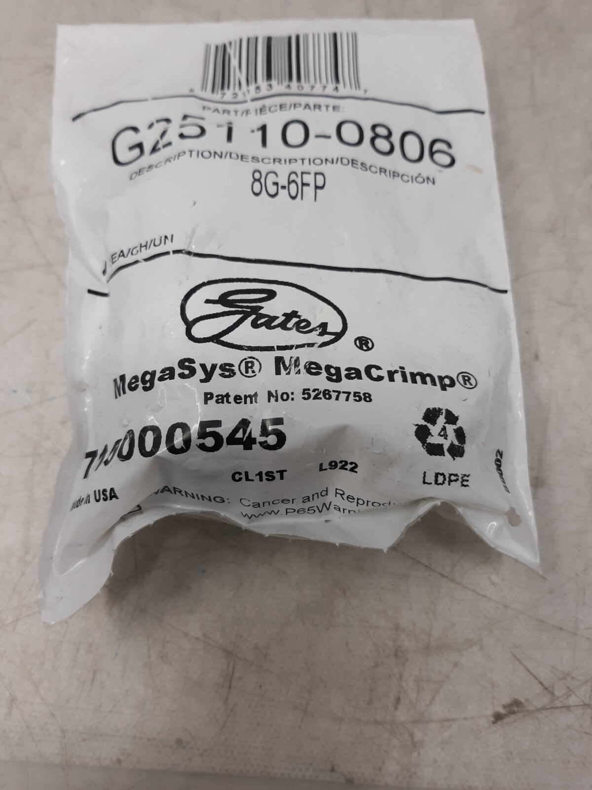 Gates G25110-0806 8G-6FP Hydraulic MegaCrimp Fitting 710000545 USA