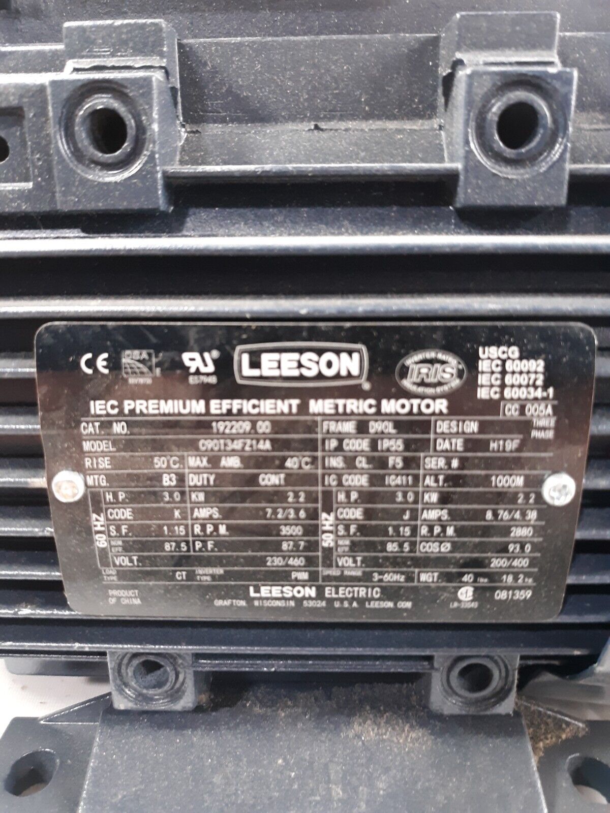 3HP LEESON 3500RPM 90L TEFC IP55 3PH B3 IEC MOTOR 192209.00