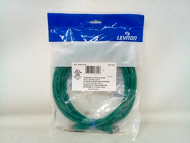 Leviton 62460-10G eXtreme 6+ Standard Patch Cord, CAT 6, 10-Foot Length, Green