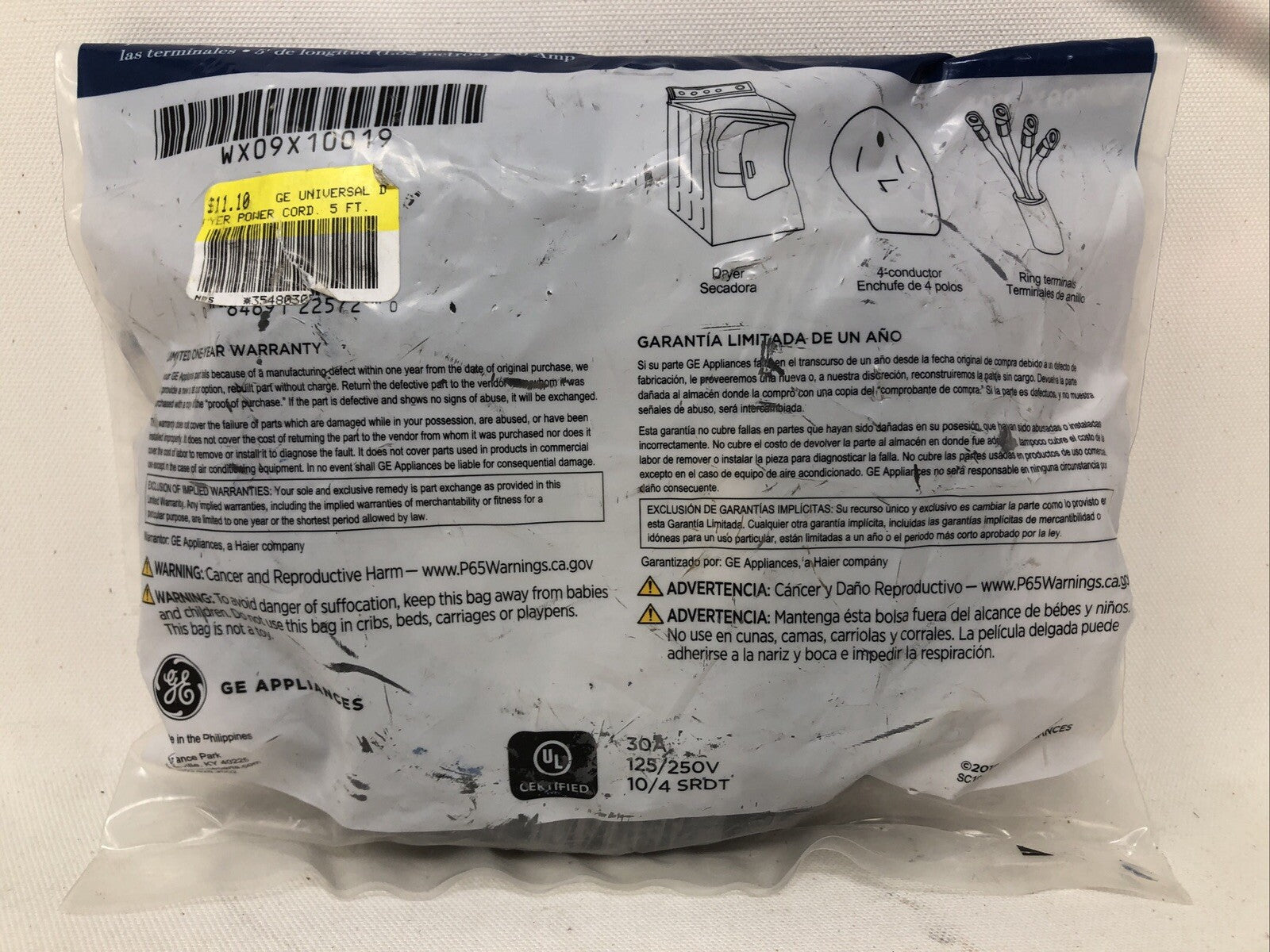GE Appliances 5’ Universal Dryer Power Cord / 4 Wire WX09X10019