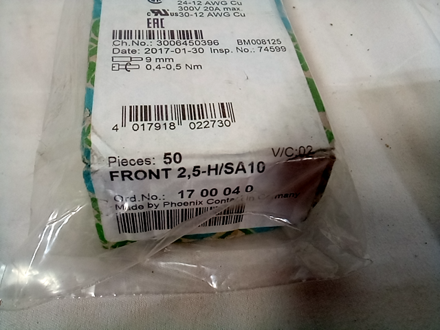 Phoenix Contact Front 2,5-H/sa10 Terminal Block, Pluggable, 1Pos, 14Awg