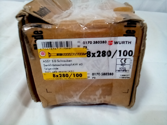 Wurth 8mm (5/16") x 280mm (11") Countersink ASSY 3.0 Screw 100 Count