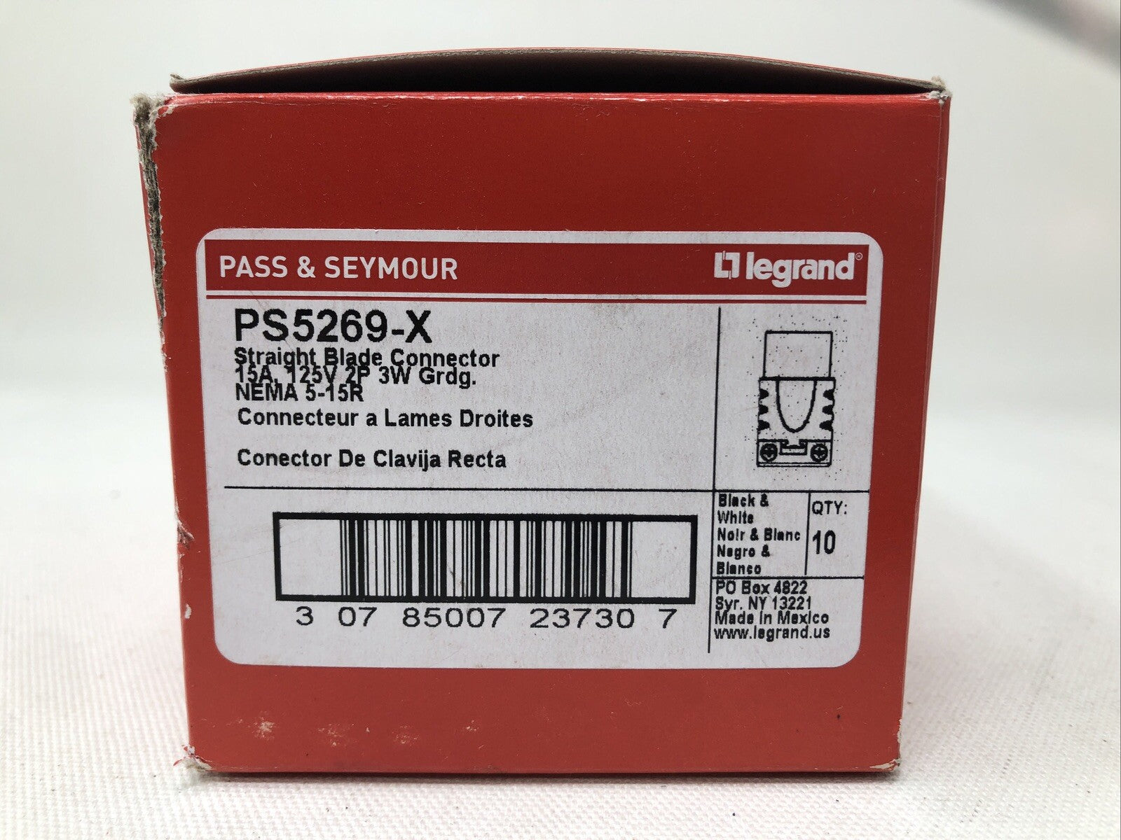 Legrand Straight Blade Connector 2 Pole 3 Wire 15 Amp 125V, PS5269-X 10pk