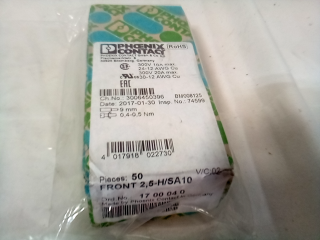 Phoenix Contact Front 2,5-H/sa10 Terminal Block, Pluggable, 1Pos, 14Awg