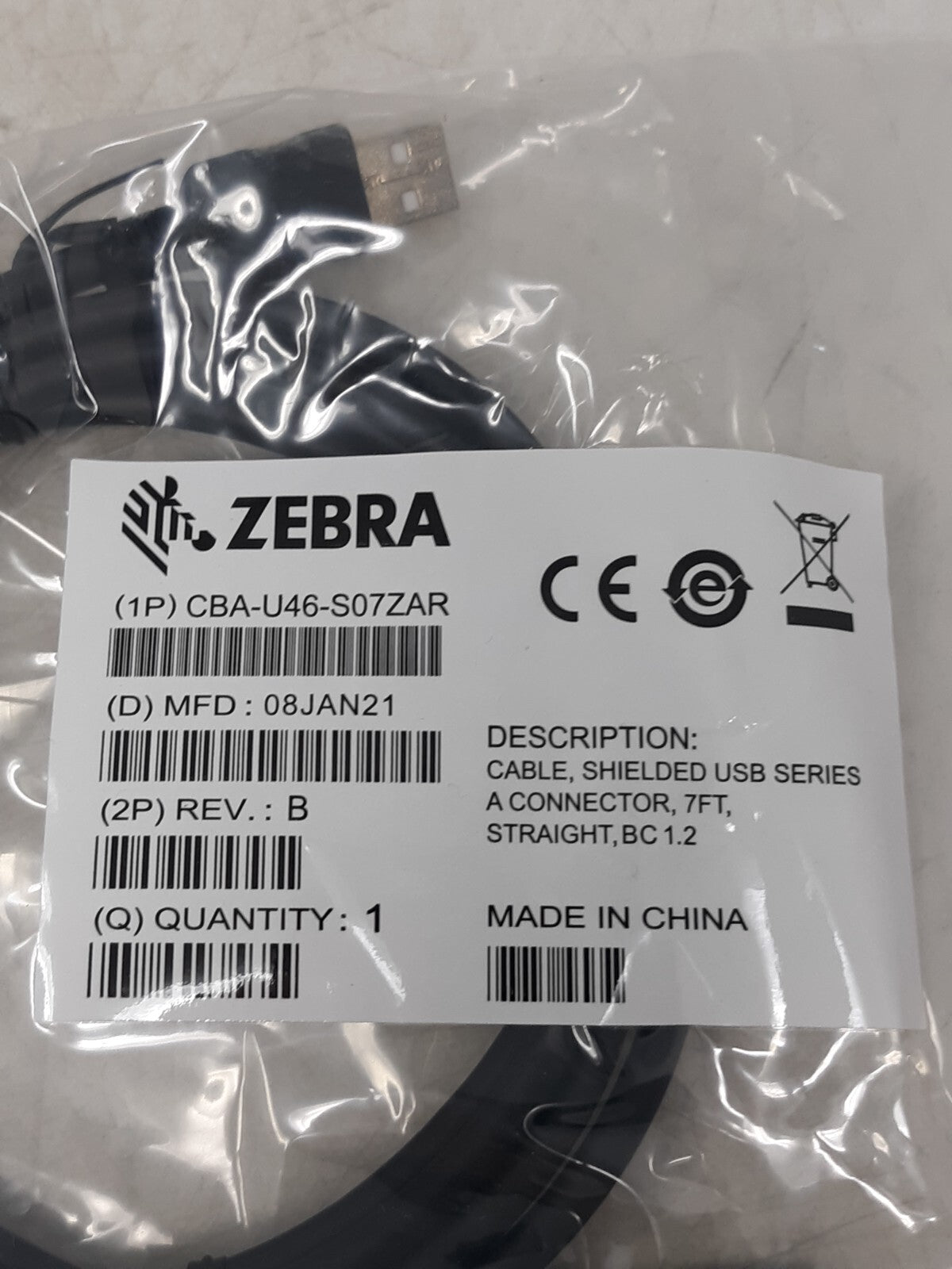 Zebra USB Shielded Cable USB Series 7' Straight CBA-U46-S07ZAR