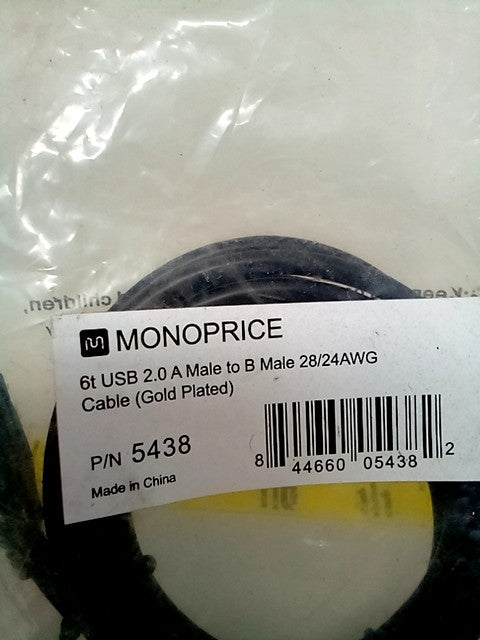 Monoprice USB Type-a to USB Type-B 2.0 Cable - 28/24AWG, Gold Plated, Black, 6ft