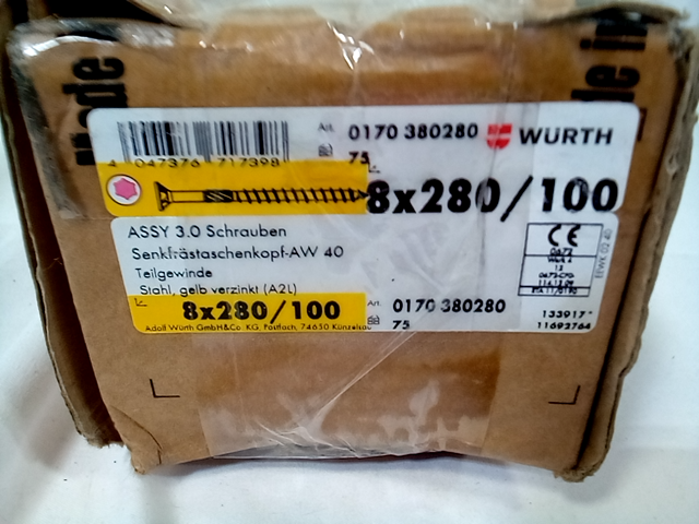 Wurth 8mm (5/16") x 280mm (11") Countersink ASSY 3.0 Screw 100 Count