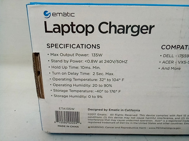 Ematic Eta135 135-watt Universal Gaming Laptop Charger (1113295)