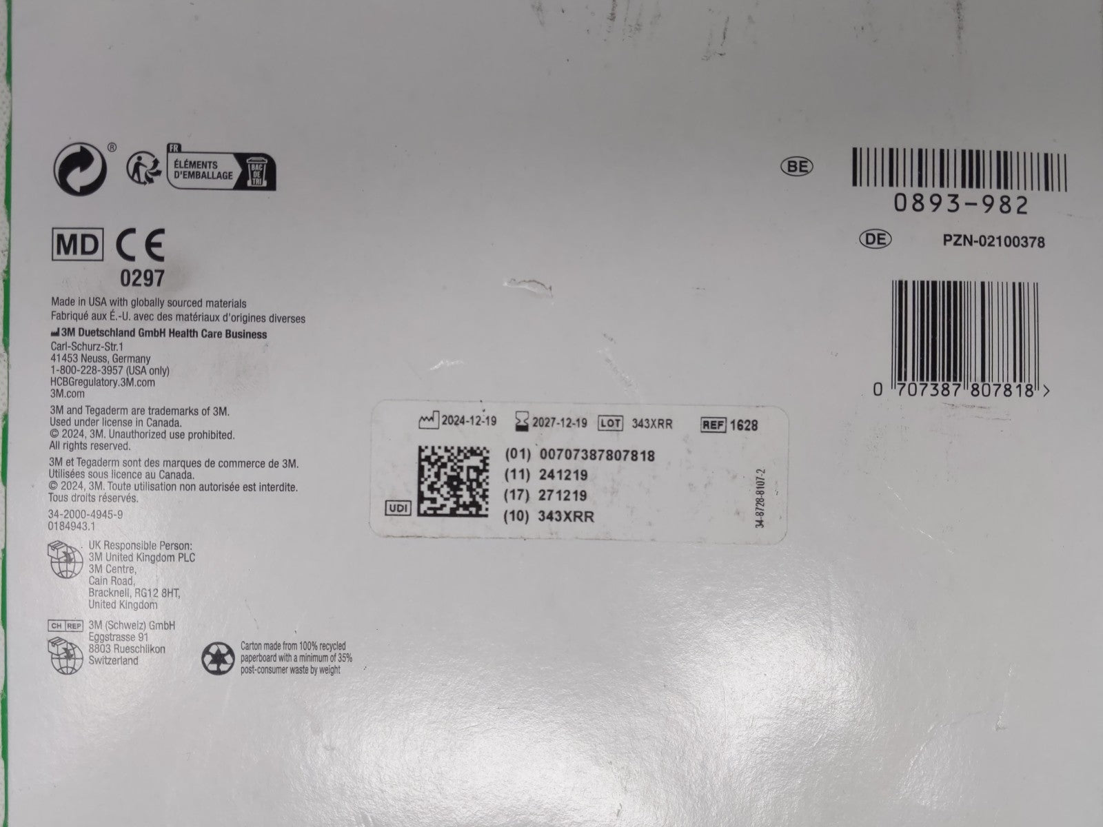 3M Tegaderm 1628 Transparent Film Dressing 6" x 8" Box of 10