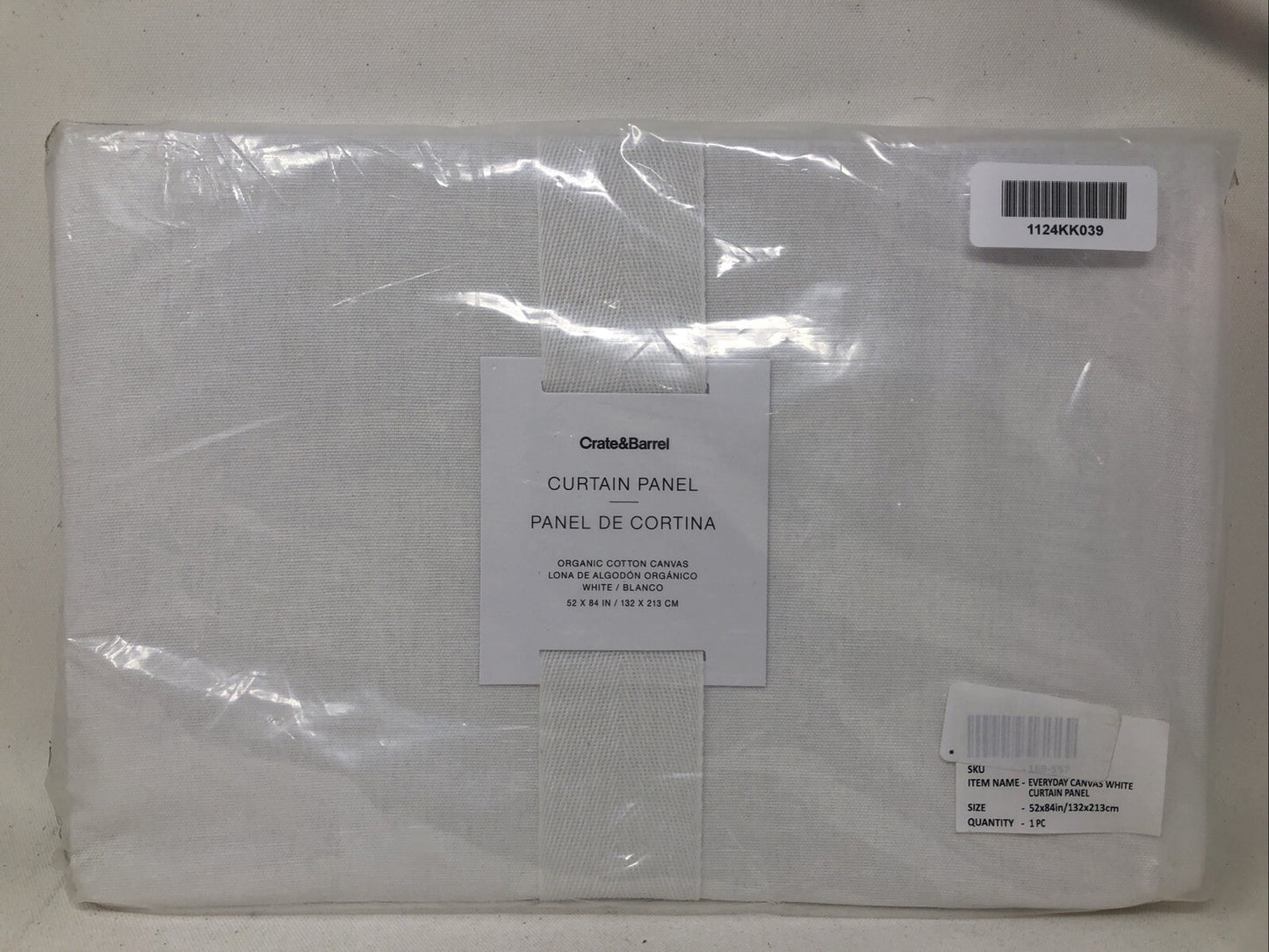 Crate & Barrel White Curtain Panel, Organic Cotton Canvas  52x84in / 132x213cm