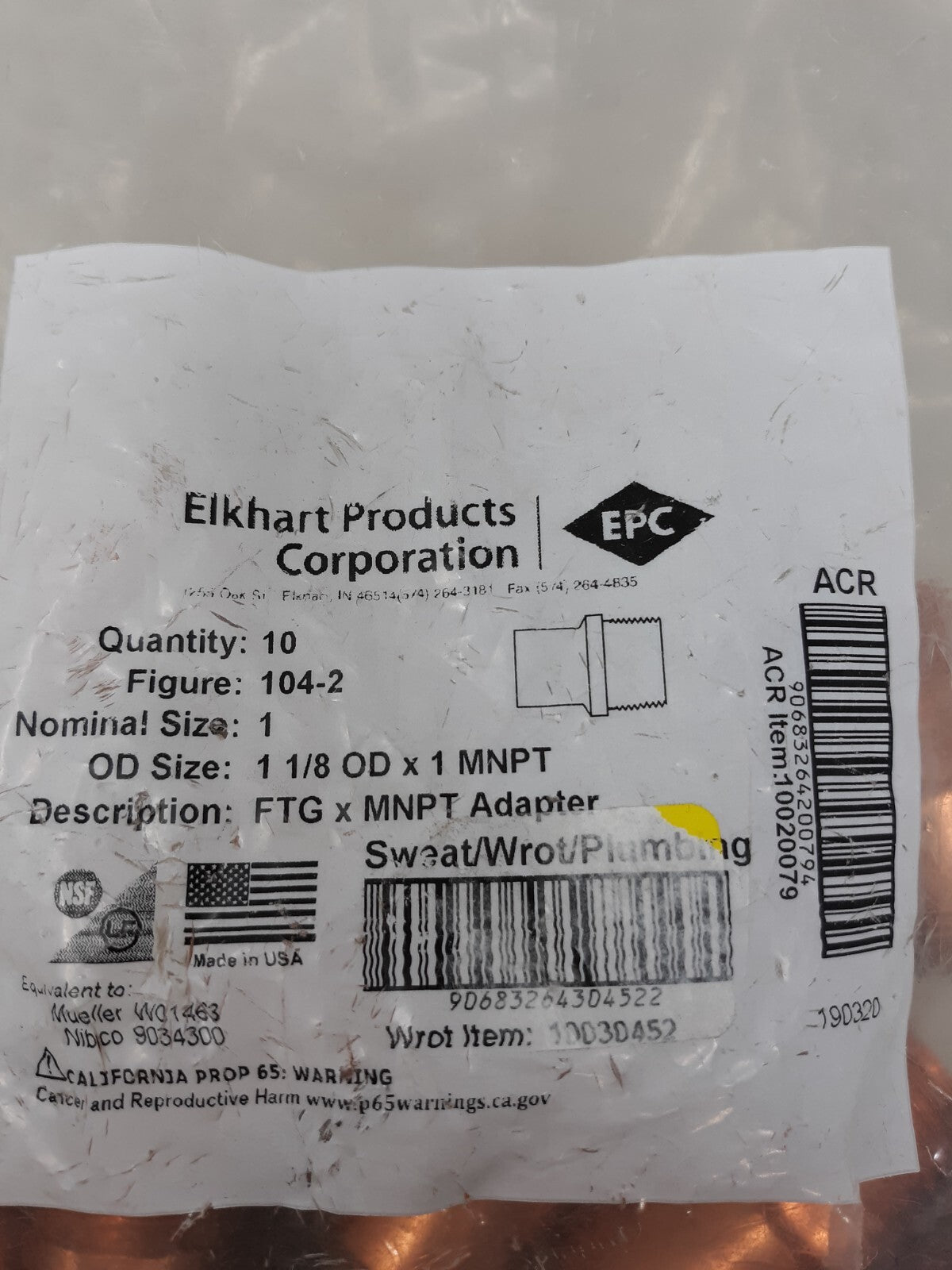 (10) Elkhart 104 Copper 1 1/2” Male Adapter Thread to Solder O.D Size 1 5/8” Lot