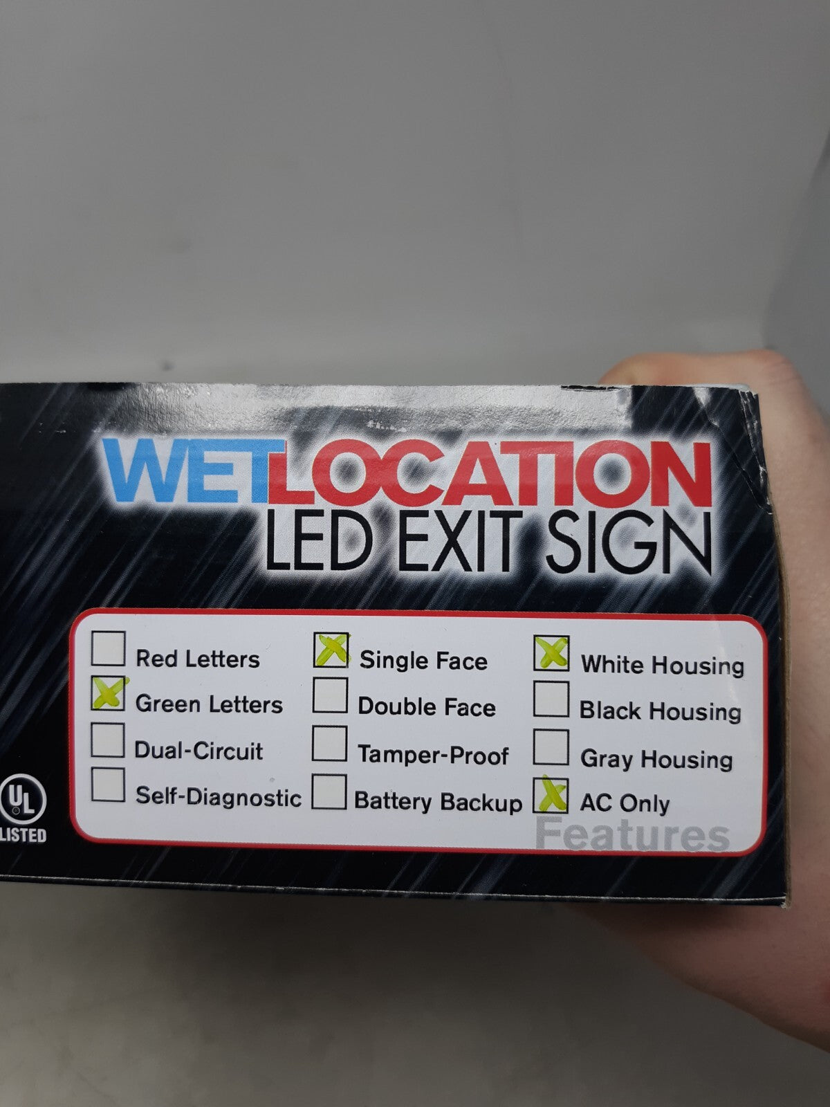 Wet Location LED Exit Sign Green Letters Single Face Battery Backup White Housin