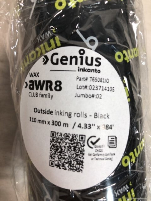 Genius inkanto AWR8 Outside Inking Rolls WAX 110mm x 300m Box of 12