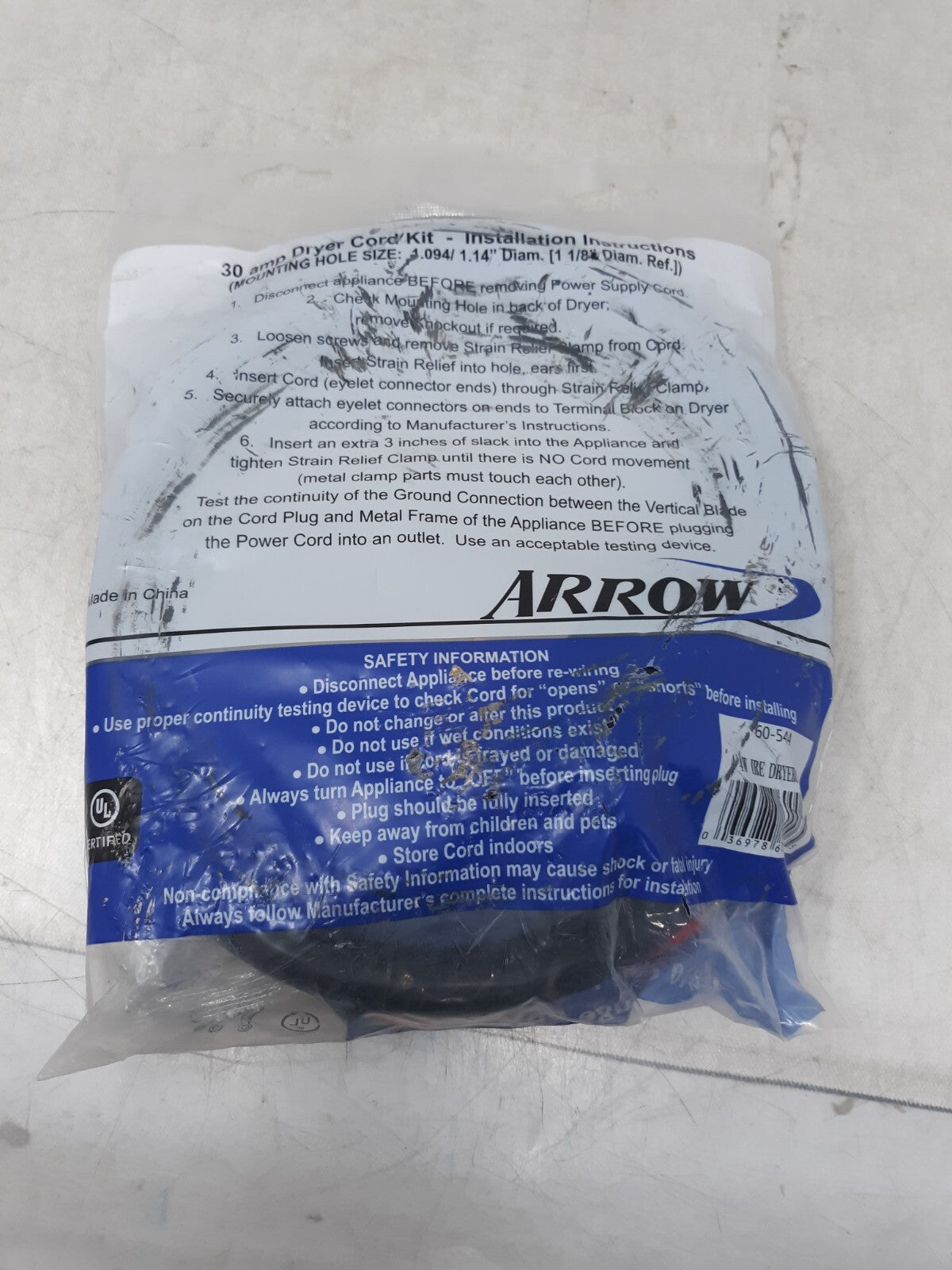 Arrow Industries 30 Amp Dryer Cord Kit 60-56A 6 Ft Angle Cap 4-#10 Gauge